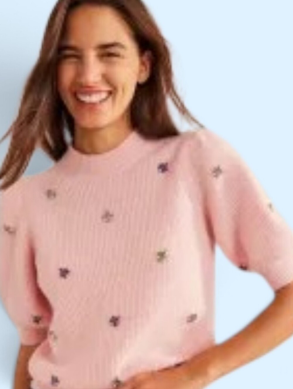 BODEN Insect Jeweled Embellished Pale Pink Short Puff Sleeve Sweater Small - Picture 10 of 10